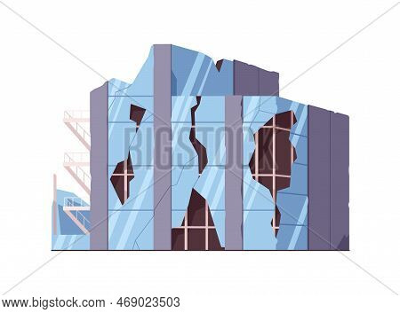 Broken Destroyed Modern House Building With Damaged Cracked Glass Walls, Window Debris. Demolished R