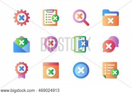 Reject Icons Set In Color Flat Design. Pack Of Error Gear, Stop List, Error Search, Close File, Lett