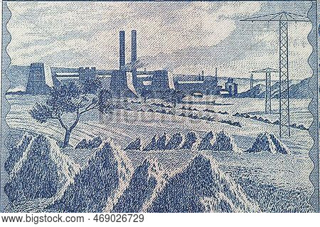 Fields And Power Plant In Laziska Gorne From Old Polish Money - Zloty