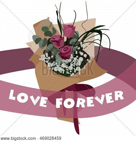 Illustration Of A Beautiful Gift Bouquet Isolated On A White Background In A Flat Style. A Bouquet I