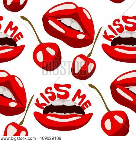 A Pattern With Sexy Red Lips And A Cherry On A White Background. Red Lipstick With The Inscription K