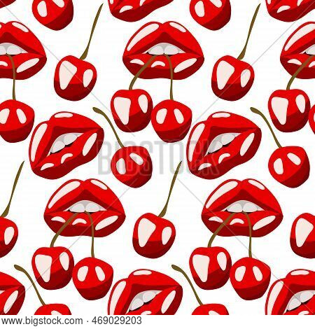 A Pattern With Sexy Red Lips And A Cherry On A White Background. Red Lipstick. An Open Mouth Tries T