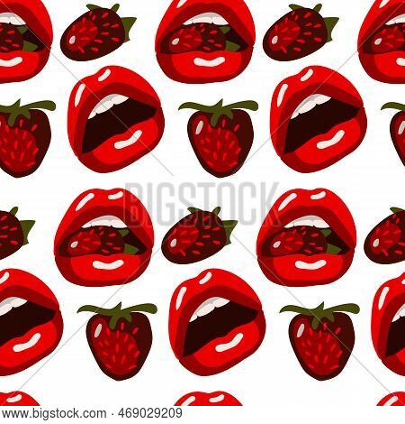 A Pattern With Sexy Red Lips And Strawberries On A White Background. Red Lipstick. An Open Mouth Tri
