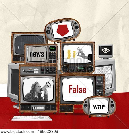 Contemporary Art Collage. Conceptual Design. Set Of Retro Tv Screen Showing Fake News About War. Pro