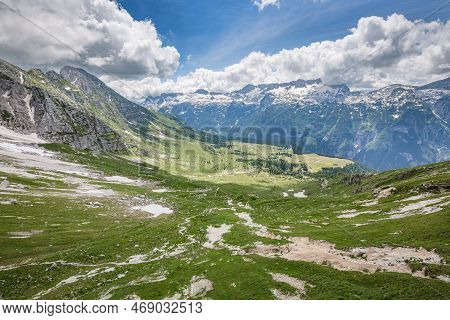 Beautiful Nature. Mountain Hiking Trail Road. Italy Malga Montasio Forca Disteis
