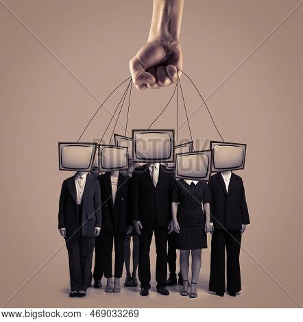 Contemporary Art Collage. Group Of People With Retro Tv Heads Standing Like Zombie. Blind Following,