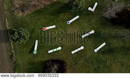 Minigolf Course In Park Catch Golf Balls Behind Obstacle. Game For Points Below Par Or Above Par, Re