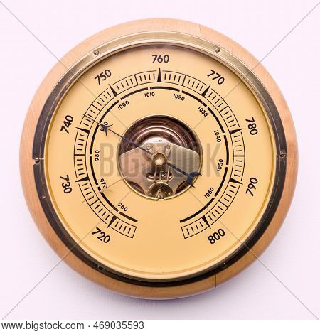 Vintage Style Barometer Isolated On White Wall Background -