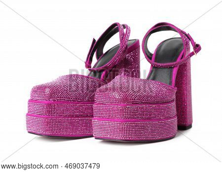 Fashionable Punk Square Toe Ankle Strap Pumps Isolated On White. Shiny Party Platform High Heeled Sh