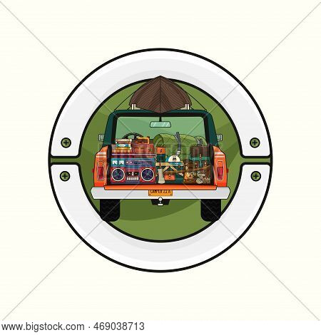 Camping Adventure Badge Template Design With Camper Car And Camp Equipment. Travel Logo Graphics. St