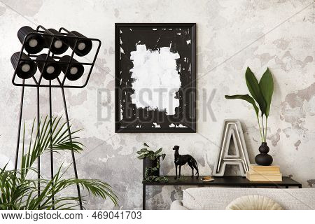 Modern Composition Of Living Room Interior With Mockup Poster Frame, Black Consola, Modern Lamp, Pla