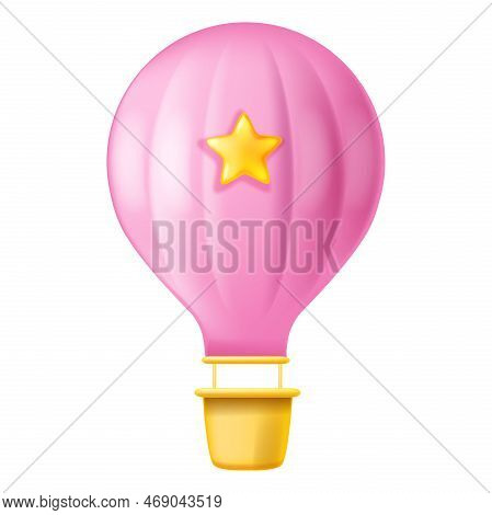 3d Balloon, Vector Pink Aerostat, Air Parachute Icon, Cartoon Kids Birthday Design Object, Star. Bas