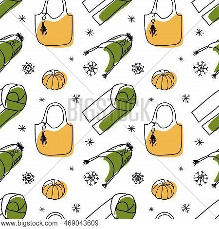 Vector Contur And Color Spot Seamless Pattern Of Winter Clothes Lineart