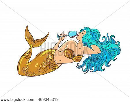 An Attractive Mermaid With A Golden Tail And Sea-colored Hair Is Drinking Wine. Expensive Drink And 
