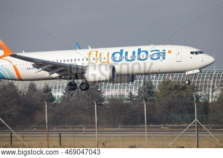 Otopeni, Romania - January 17, 2023: Fly Dubai Airline Plane Landing At The Henri Coanda Internation