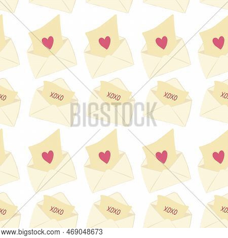 Seamless Pattern With Envelopes For Valentines Day. Flat Vector