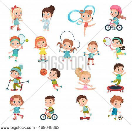Kids Practicing Different Sports And Physical Activities In Education Class Gym And Outdoors Vector 