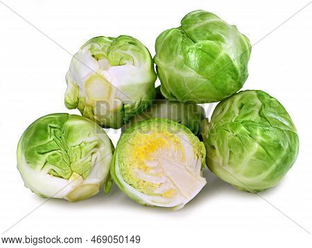 Fresh Green Brussels Sprouts Isolated On White Background, Close Up Of Healthy Cabbage Vegetable