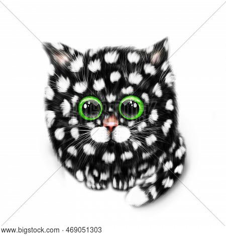 Cute Black Fluffy Kitten With Green Eyes And White Spots All Over The Body. Procreate Illustration. 
