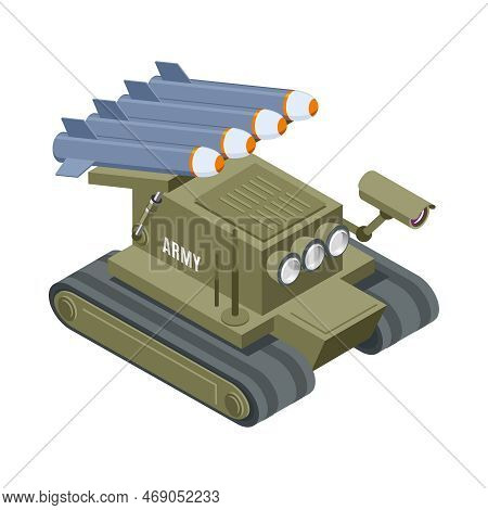 Military Robot Isometric Icon With Remote Controlled Vehicle Equipped With Camera And Rockets Vector