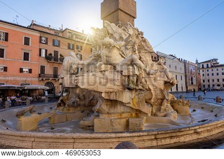 Rome, Italy - October 2022: Fountain Of Four Rivers (fontana Dei Quattro Fiumi) On Navona Square