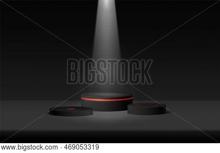 Black Scene Background With 3d Stage Podium Minimal Style Realistic Vector Illustration. Pedestal Fo