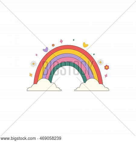 Groovy Rainbow And Cloud With Deco Elements. Design For Card, Poster,sticker.prinr In Trendy 70s, 80