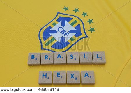 Bauru, Brazil - 11.01.23: Brazilian Football Confederation Emblem On Football Jersey. Most Times Wor