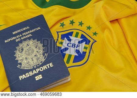 Bauru, Brazil - 11.01.23: Brazilian Football Confederation Emblem On Football Jersey. Soccer Players