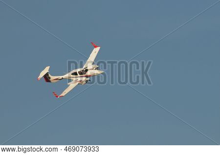 Nakhon Pathom, Thailand - January 14, 2023 : Diamond Da-42 Mpp In Solo Flight Was Were Showing  Flyi