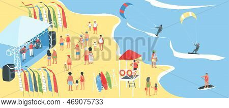 People Who Are Kite Surfers. A Lifeguard On A Tower Near The Sea Watches The Surfers Floating On The
