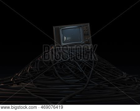 A Vintage 80's Television Perched On A Jumbled Pile Of Black Cables On A Dark Omnious Background - 3
