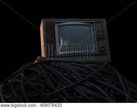 A Vintage 80's Television Perched On A Jumbled Pile Of Black Cables On A Dark Omnious Background - 3