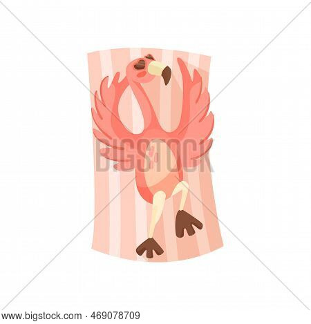 Flamingo Cartoon Character Sunbathing Vector Illustration. Summer Resort, Funny Comic Wild Bird In S