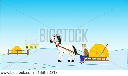 Winter Landscape Solitary Building And Men On With San With Hay
