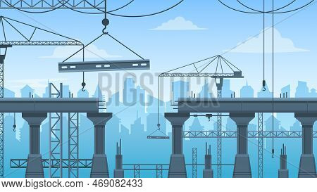 Bridge Construction. Steps Of Building Repair Bridgework With Crane Machine, Architecture Maintenanc