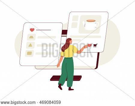 Customer Saving Item To Wish List In Internet. Buyer Liking, Tapping Heart, Adding Goods To Online W