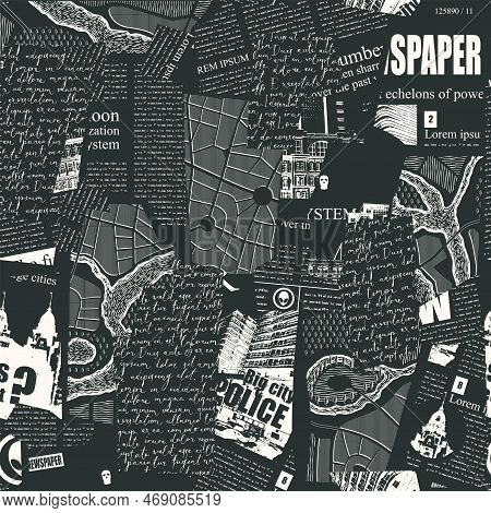 Seamless Pattern With Collage Of Newspaper Or Magazine And Map Clippings. Retro Style Vector Backgro