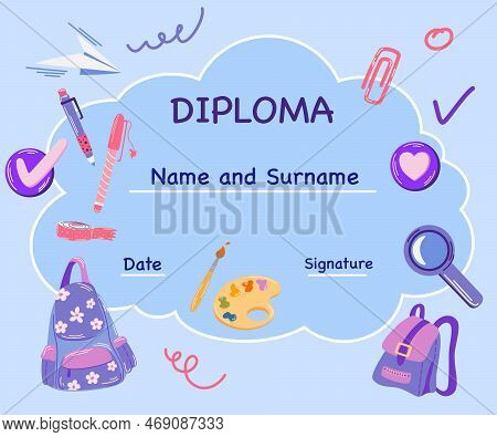Kindergarten Diploma. Colorful School And Preschool Diploma Certificate For Kids And Children In Kin
