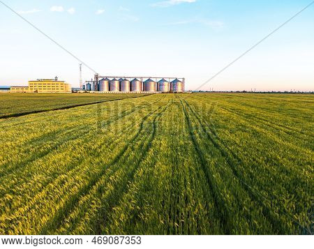 Grain Elevator. Metal Grain Elevator In Agricultural Zone. Agriculture Storage For Harvest. Grain Si
