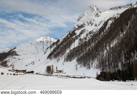 Panoramic View Of Little Alpine Village In Valle Aurina With Snow, Alto Adige, Italy