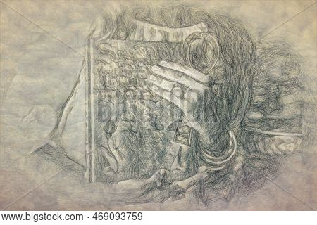 Woman Holds Ornamental Book And Egyptian Anch And Drawing Effect.
