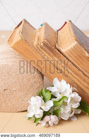 Blossom Apple Twigs With Vinage Books. Spring Still Life Composition