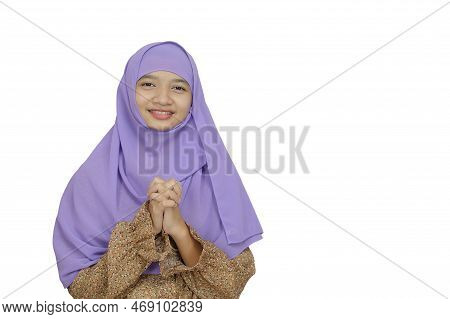 Portrait Young Girl Wear Purpel Hijab On White Background.