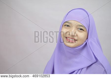 Portrait Young Girl Wear Purpel Hijab On White Background.