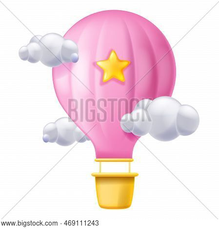 3d Balloon, Pink Aerostat, Air Parachute Icon, Vector Cartoon Kids Birthday Design Object, Cloud. Ba