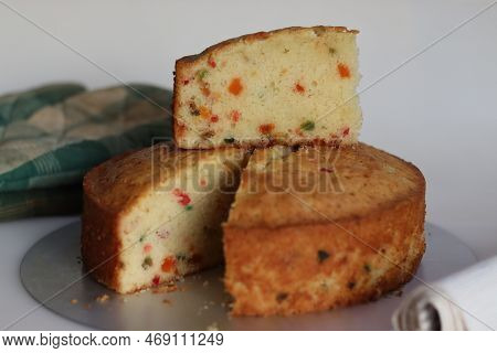 Sliced Tutti Fruity Buttermilk Cake. A Type Of Indian Fruit Cake Made With Tutti Frutti Or Candied F
