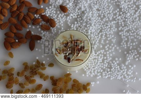 Sabudana Kheer. A Creamy Thick Indian Pudding Made With Tapioca Pearls, Condensed Milk, Sweetener An