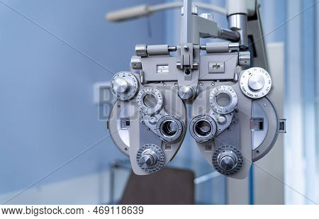 Checking Eyesight With Device. Examination Of The Eyes In An Ophthalmology Clinic.