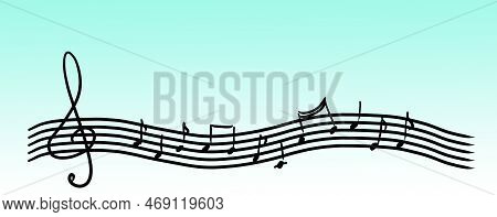 Treble Clef And Music Notes On Blue Horizontal Background